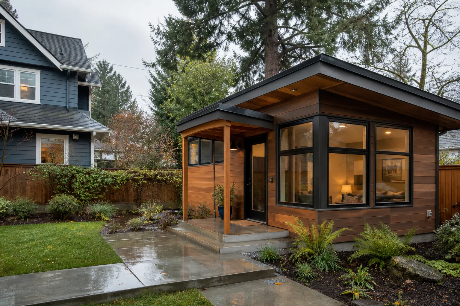 Illustrative detached backyard ADU beside an existing Seattle-area home after rain